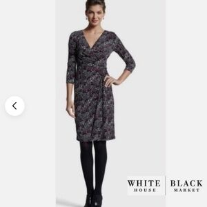 White House Black Market Black and Purple Printed Wrap Midi Dress